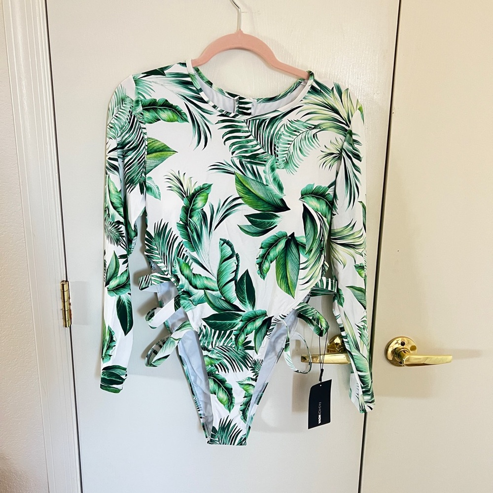 Tropical Leaf Print Long Sleeve Bodysuit
